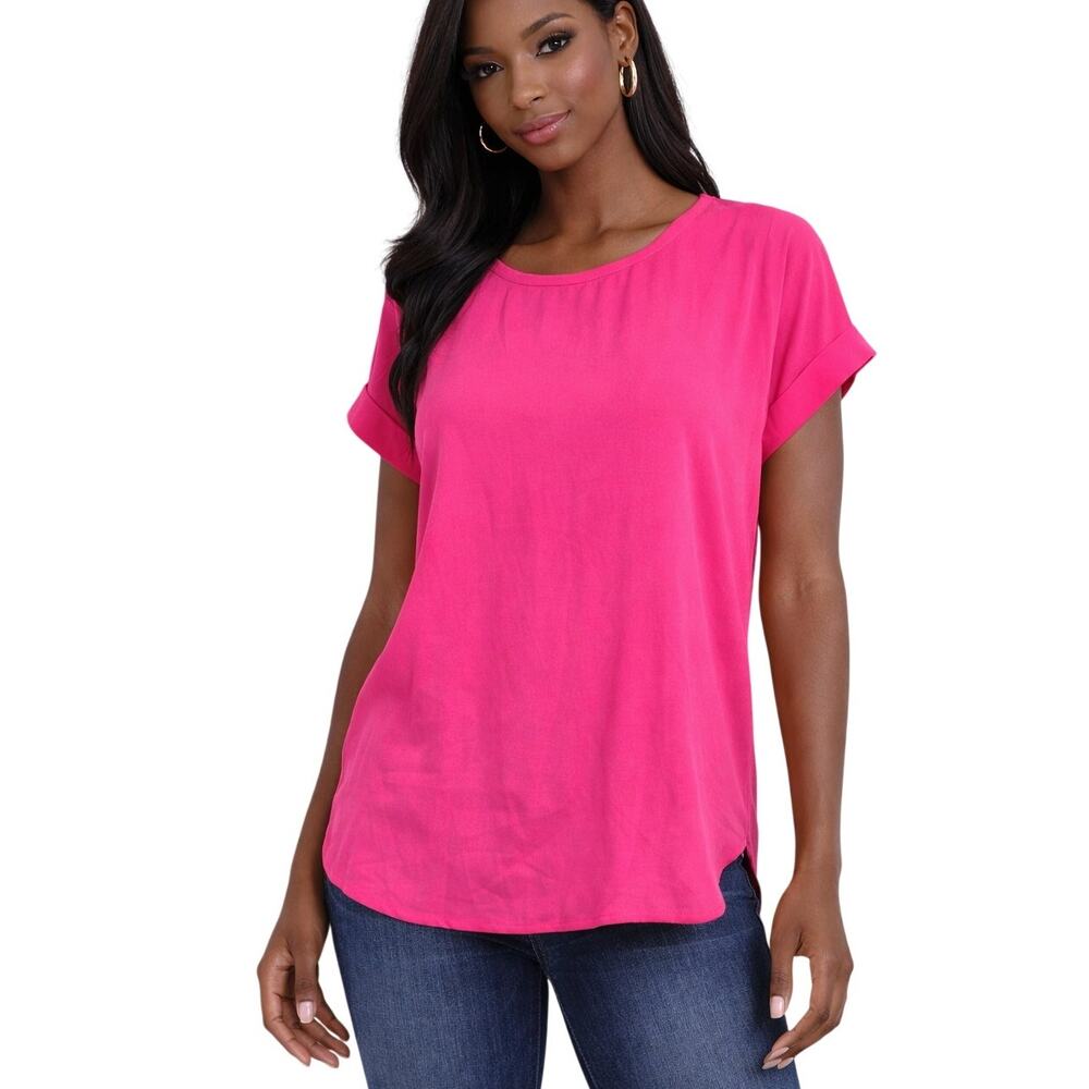 Pleione Hot Pink Blouse Women’s S Short Sleeve Pleated Back Crew Neck Flowy Top